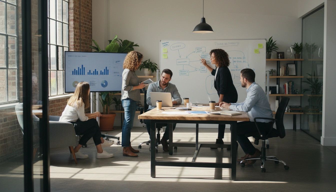 Team meeting in a bright office reviewing charts and a marketing plan.