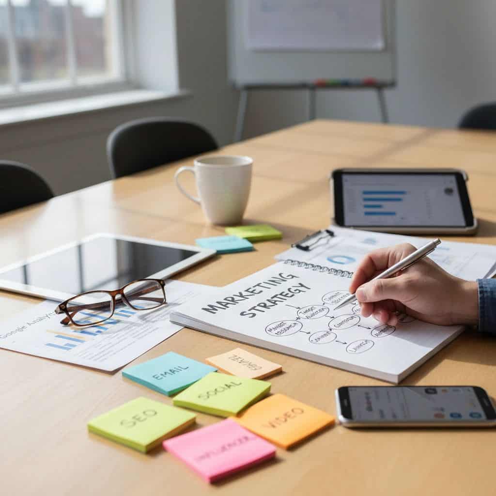 Planning a marketing strategy at a desk with notes and tools, ready to connect