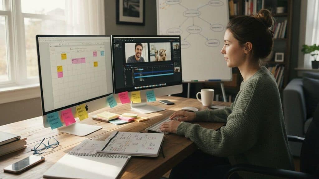 Person working at a desk with dual monitors, planning content and meeting on a video call.