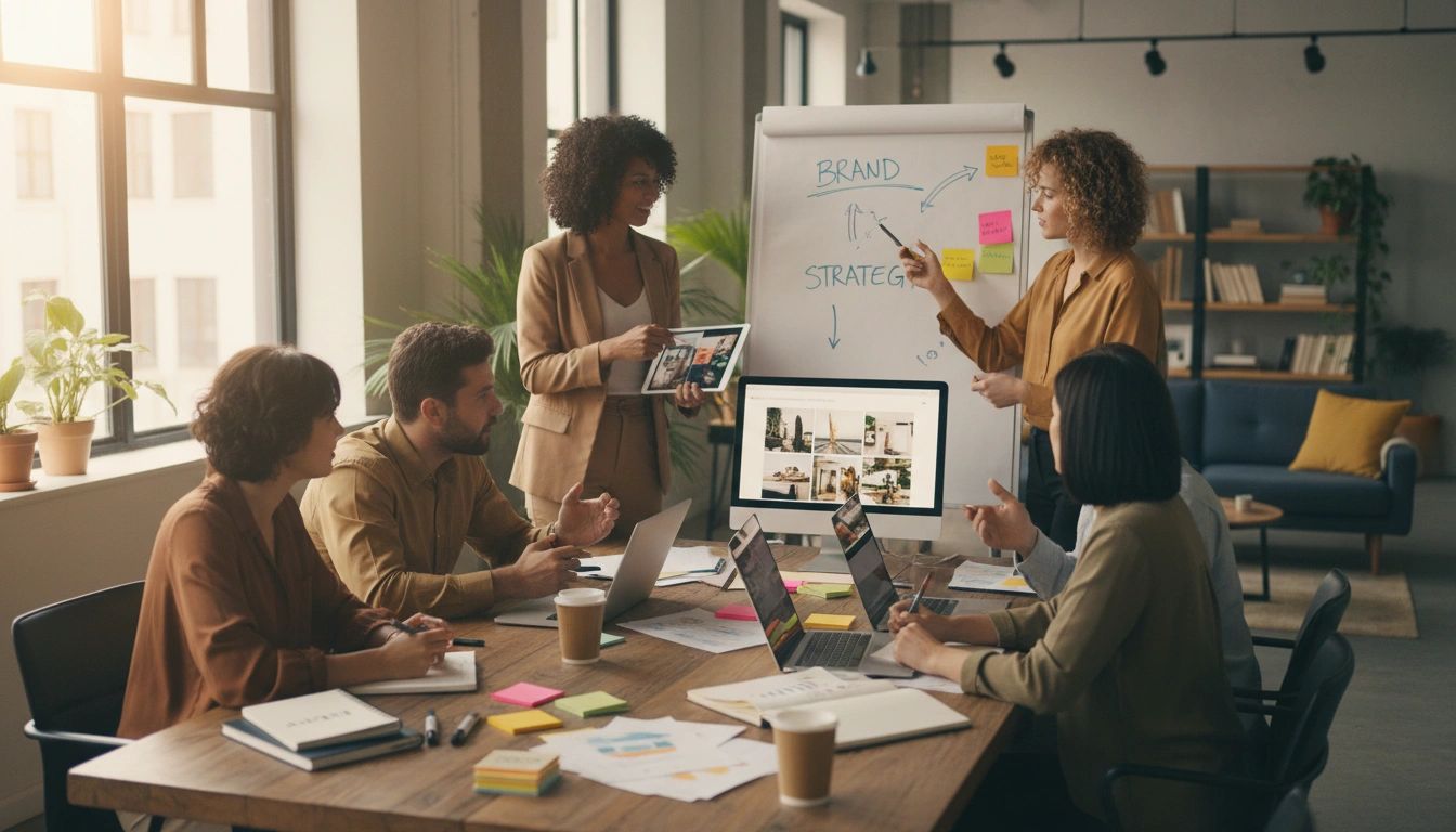 Team meeting around a table while two people present a brand strategy plan on a whiteboard.