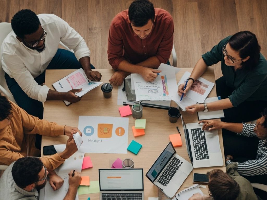 Overhead view of a team collaborating at a table with laptops, papers, and sticky notes.