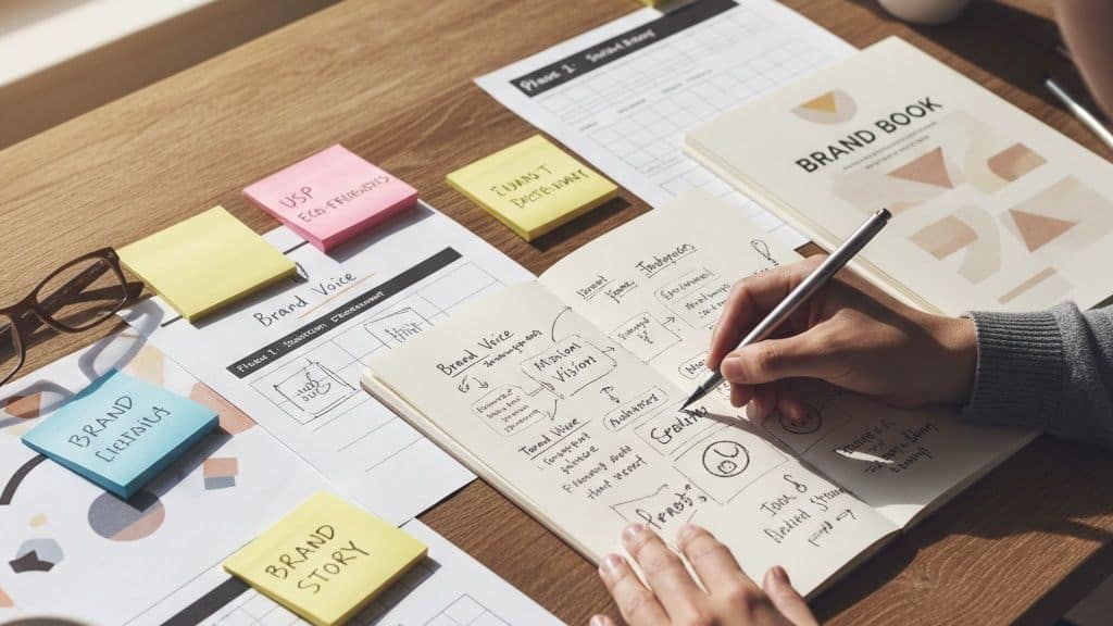 Planning brand messaging and content with worksheets, sticky notes, and a notebook