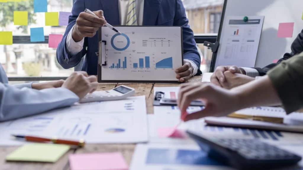 Team reviewing marketing performance charts during a strategy meeting