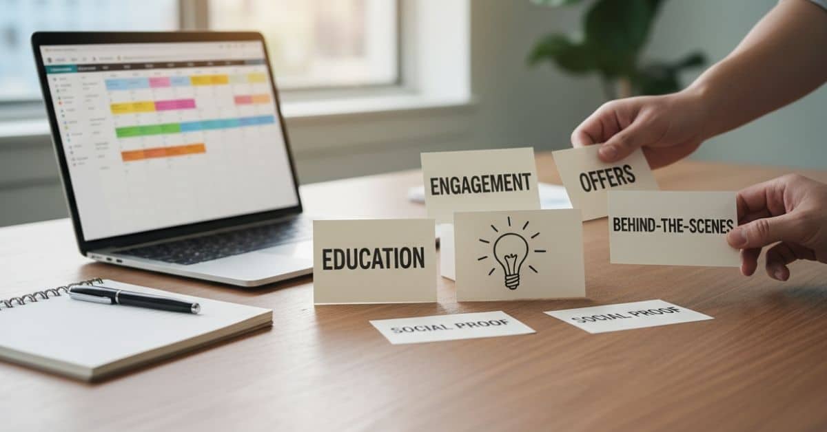 Content pillar planning with cards labeled education, engagement, social proof, behind-the-scenes, and offers