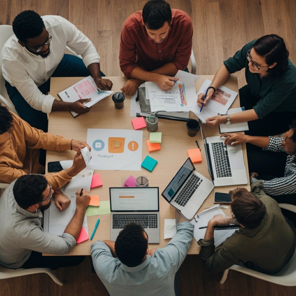 Creative team building a marketing plan with sketches, notes, and laptops during a working session